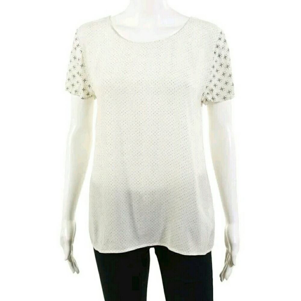 SOFT Joie polka dot cream blouse short sleeve semi sheer top shirt Size Small